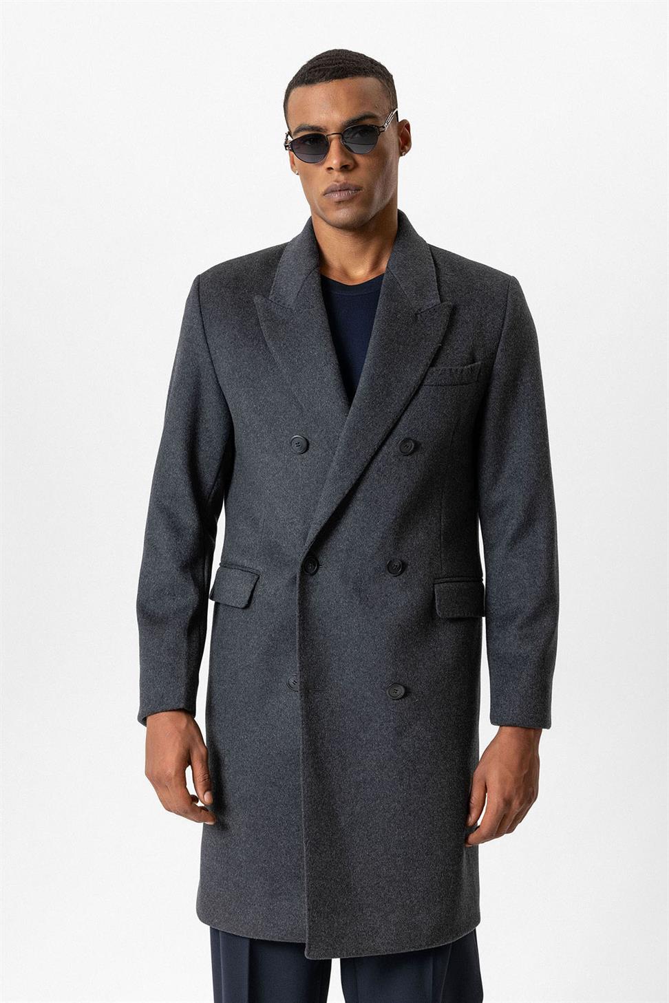 Antioch Antrasit Yün Karışımlı Kruvaze Erkek Kaban