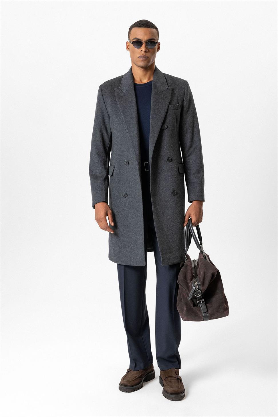 Antioch Antrasit Yün Karışımlı Kruvaze Erkek Kaban