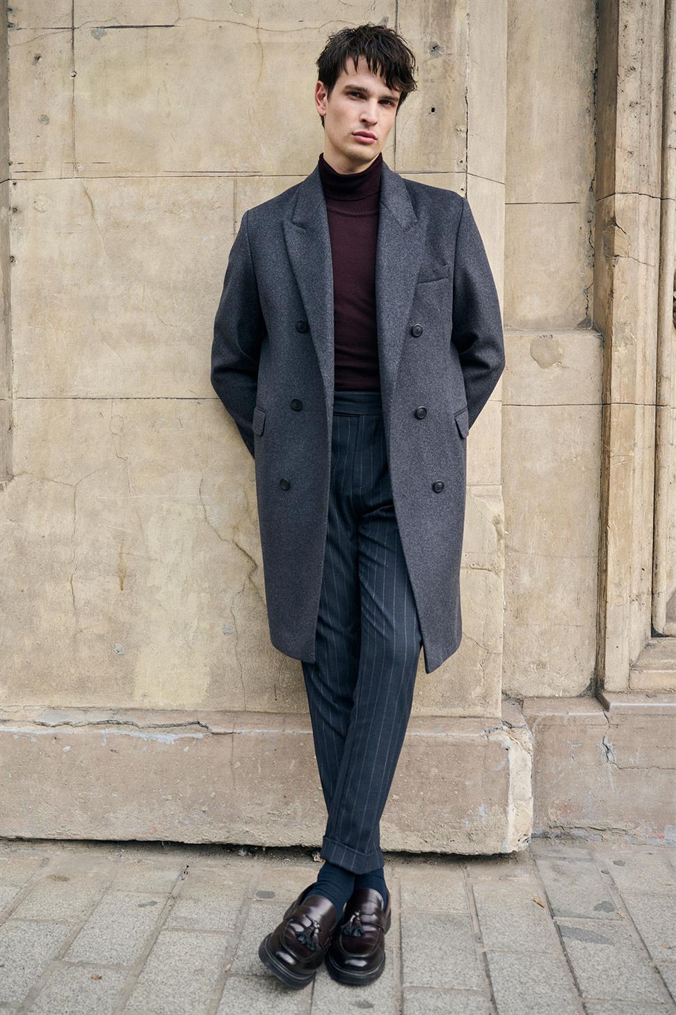 Antioch Antrasit Yün Karışımlı Kruvaze Erkek Kaban