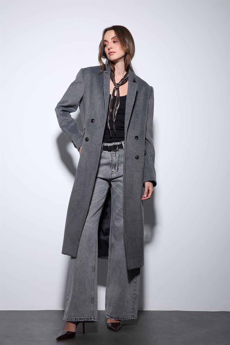 Antioch Antrasit Yün Karışımlı Kruvaze Kadın Kaban