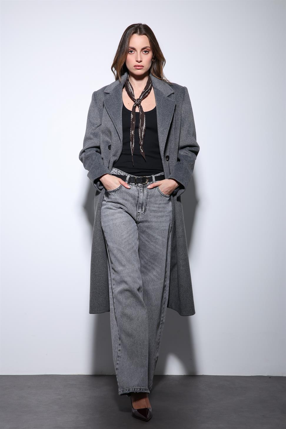 Antioch Antrasit Yün Karışımlı Kruvaze Kadın Kaban