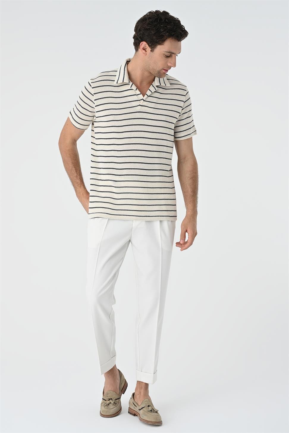 منقوشة طوق مخطط سليم صالح تي شيرت