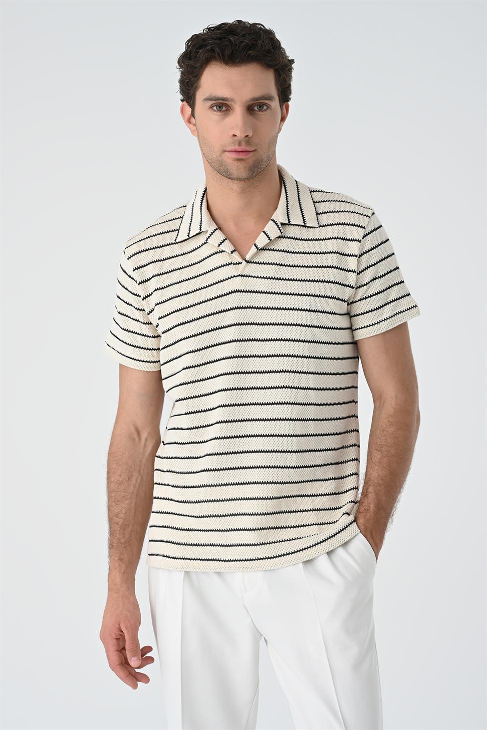 منقوشة طوق مخطط سليم صالح تي شيرت