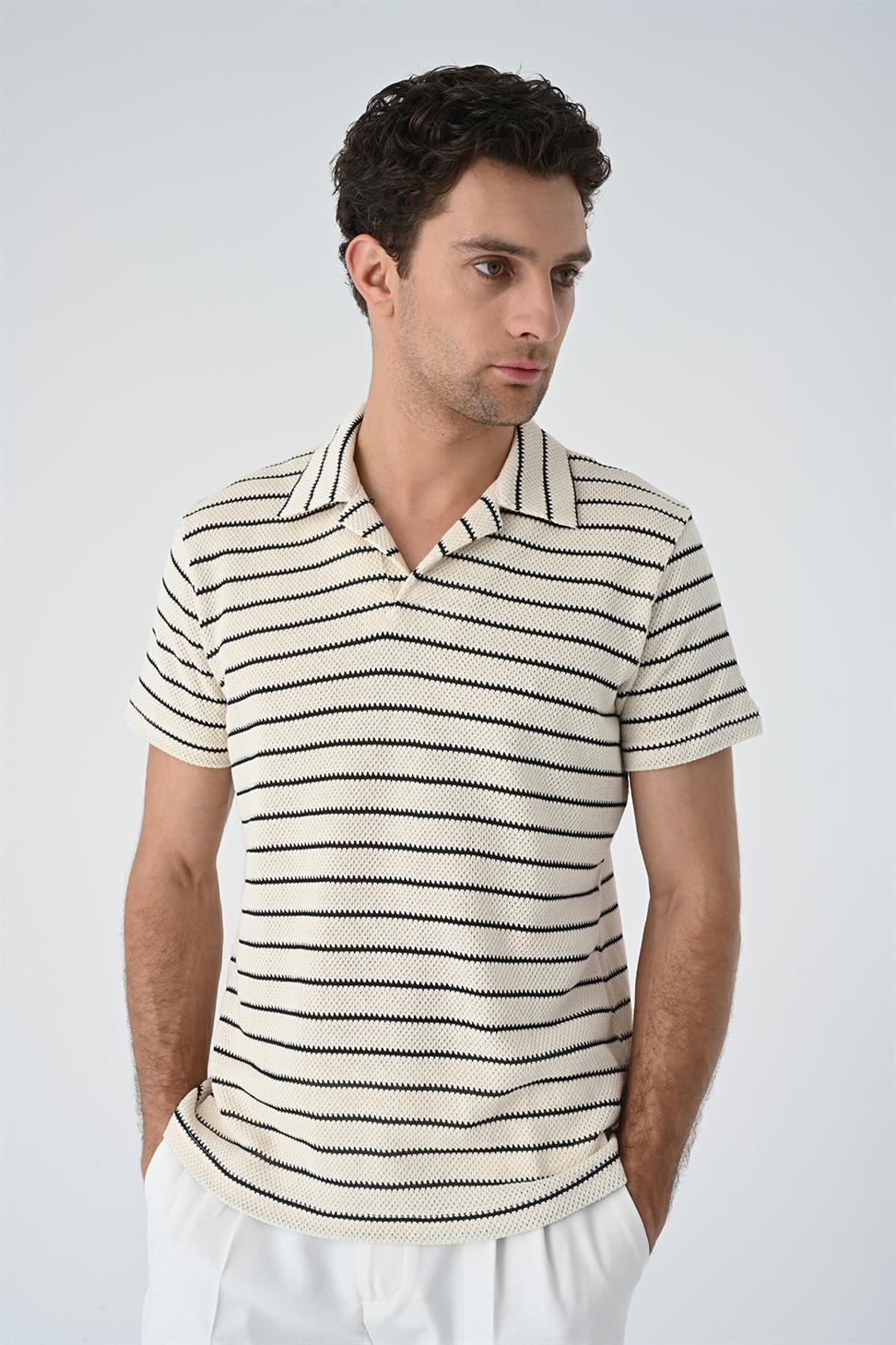 منقوشة طوق مخطط سليم صالح تي شيرت