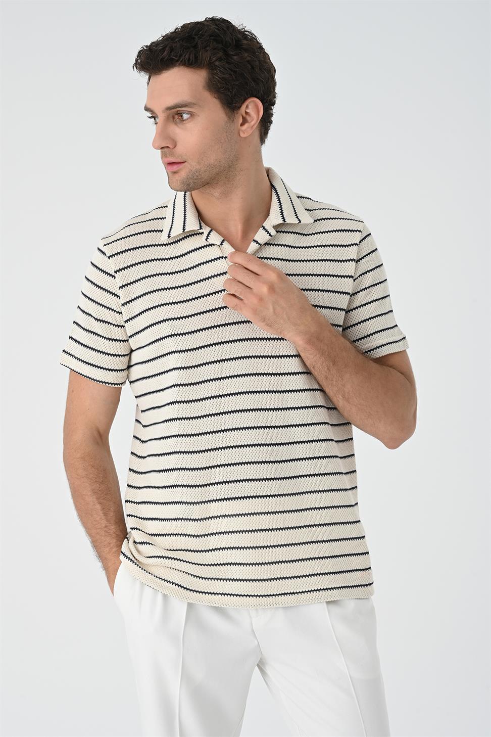 منقوشة طوق مخطط سليم صالح تي شيرت