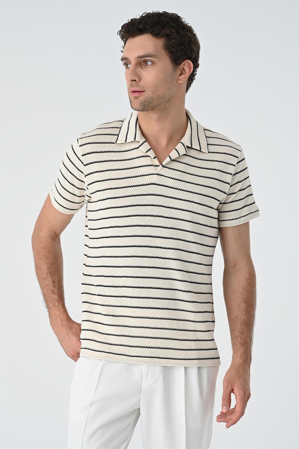 منقوشة طوق مخطط سليم صالح تي شيرت