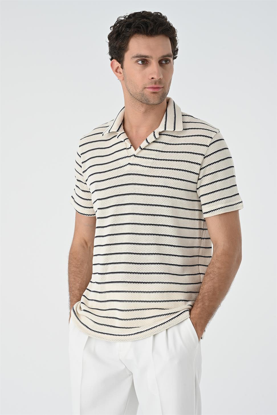 منقوشة طوق مخطط سليم صالح تي شيرت