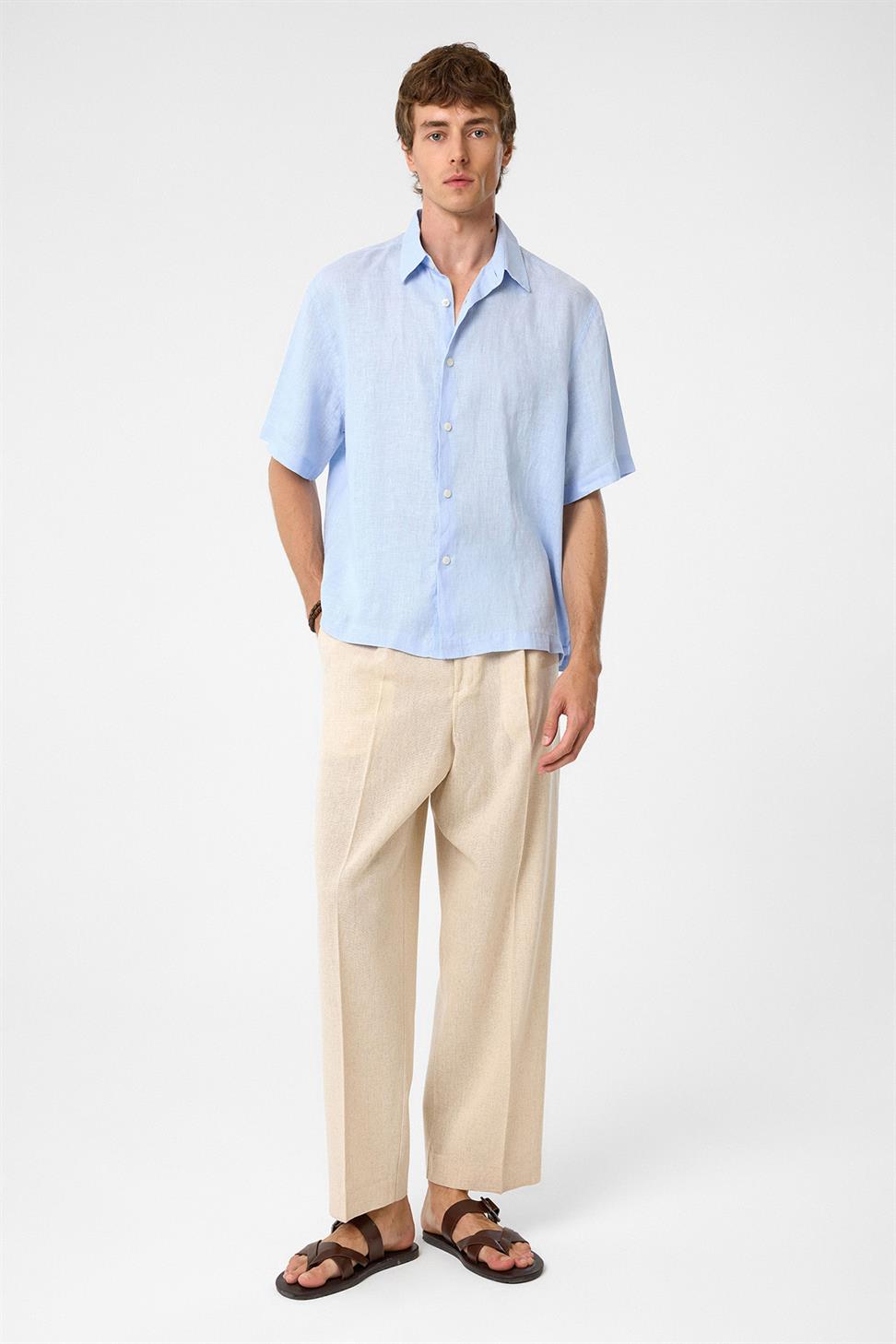 Antioch Bebe Mavi 100% Keten Relaxed Erkek Gömlek