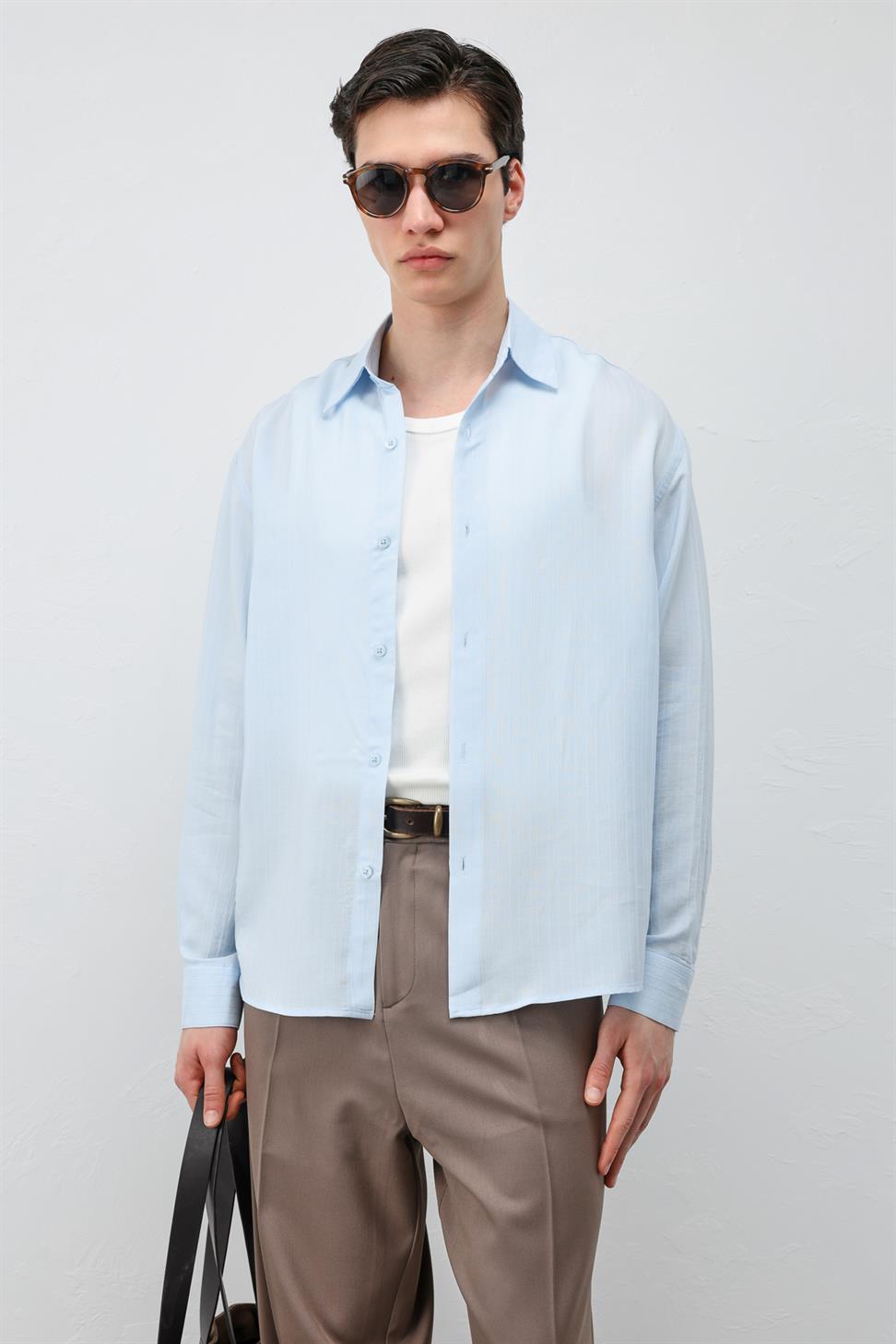 قميص رجالي بنسيج مخطط مصنوع من 100% ليوسيل