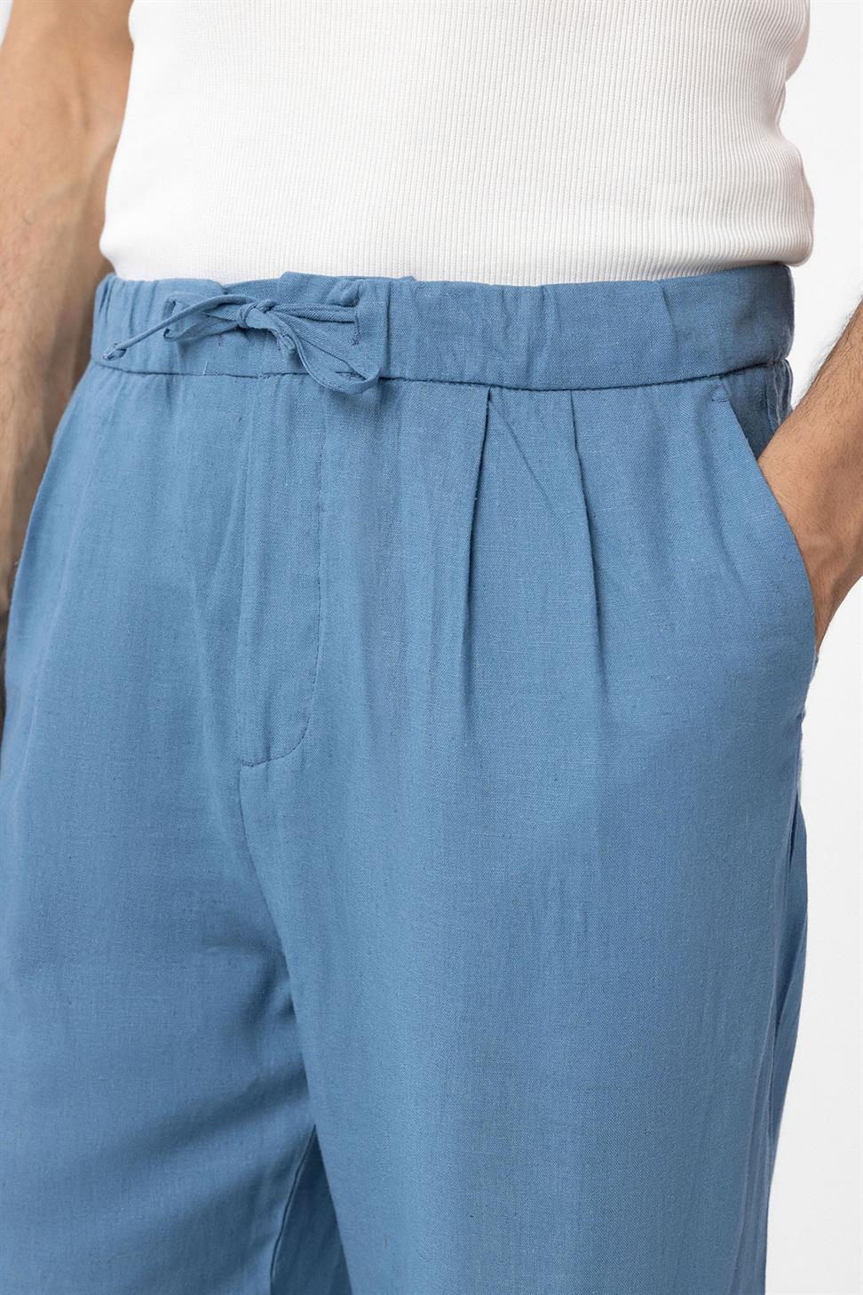 بنطلون رجالي فضفاض من مزيج الكتان للرجال برباط خصر