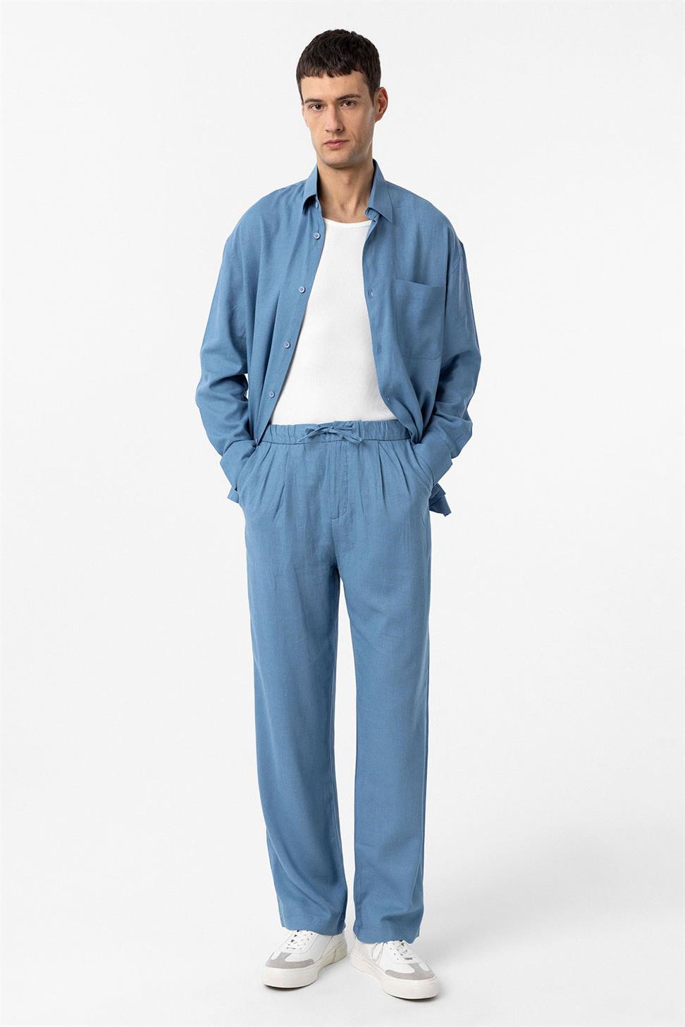 بنطلون رجالي فضفاض من مزيج الكتان للرجال برباط خصر