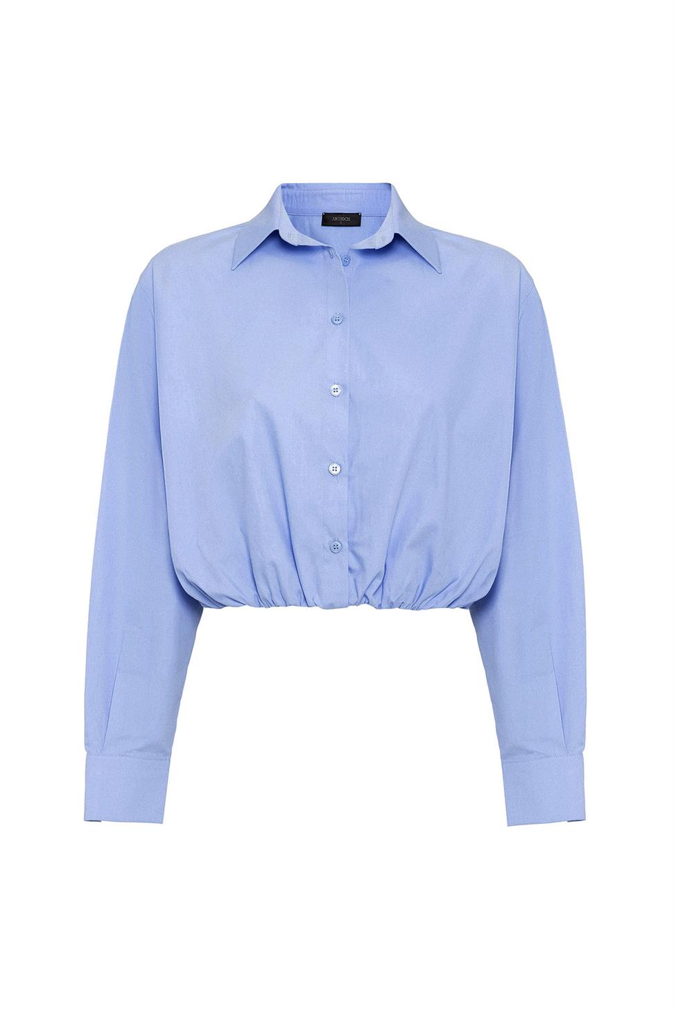 Antioch Bebe Mavi Crop Poplin Kadın Gömlek
