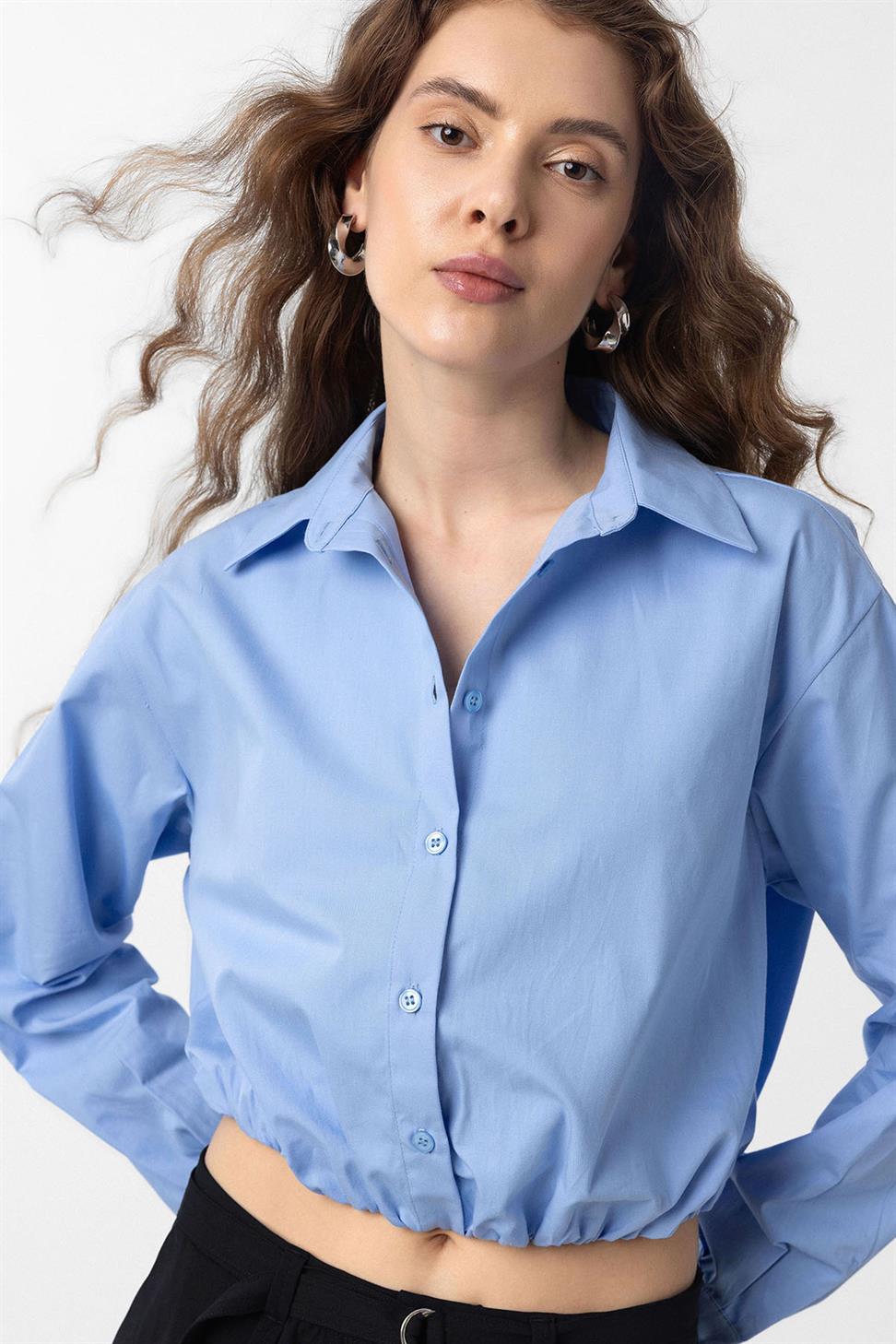 Antioch Bebe Mavi Crop Poplin Kadın Gömlek