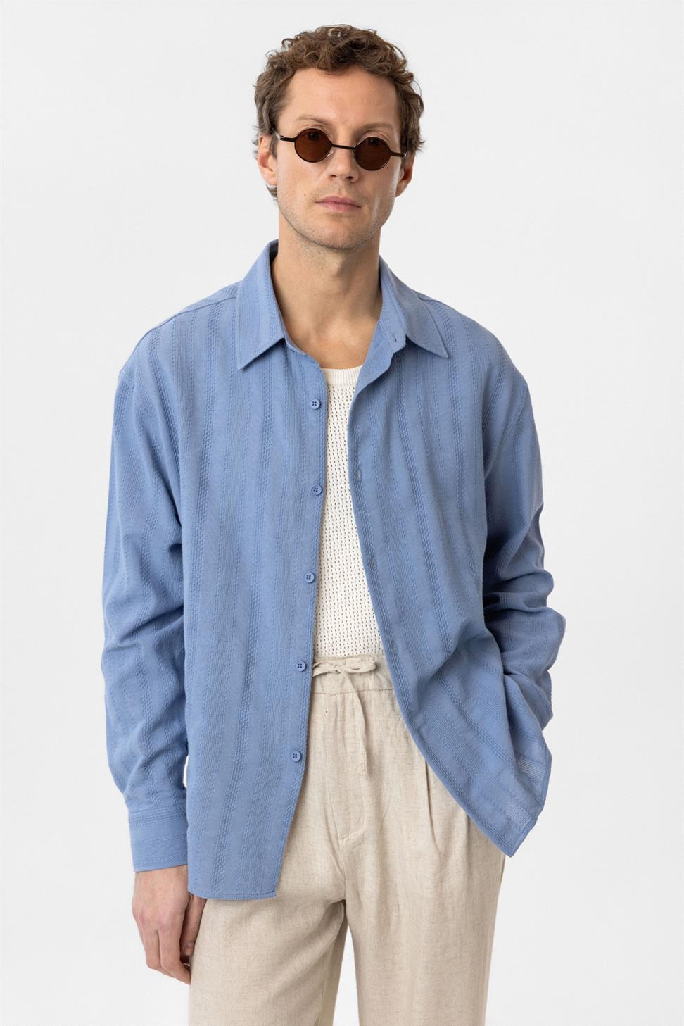 Antioch Bebe Mavi Dokulu Jakarlı Pamuklu Erkek Gömlek