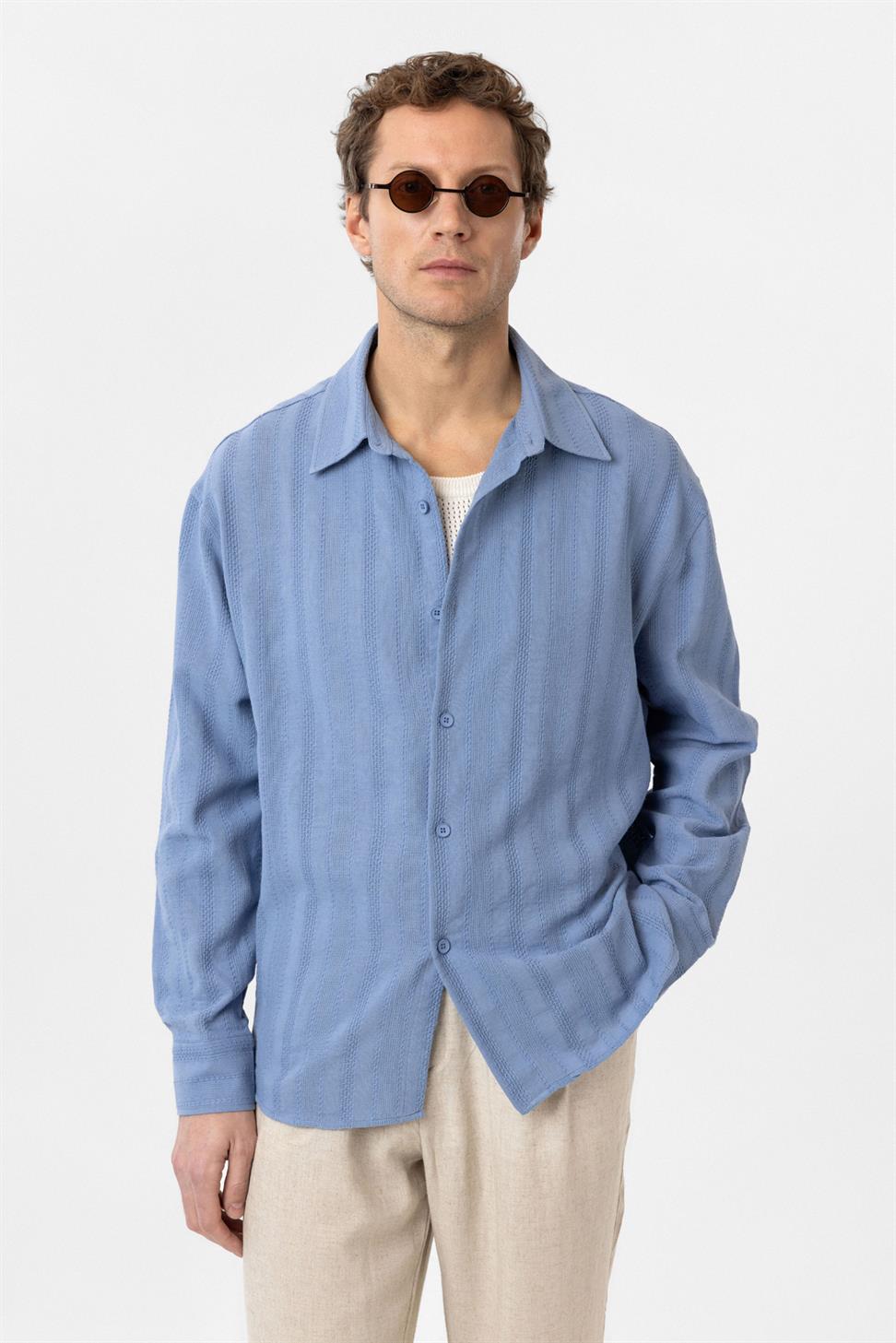 Antioch Bebe Mavi Dokulu Jakarlı Pamuklu Erkek Gömlek