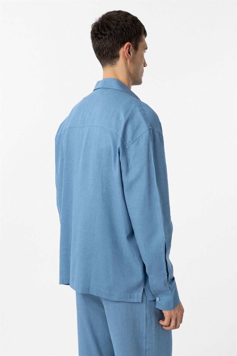 Antioch Bebe Mavi Keten Karışımlı Relax Fit Erkek Gömlek