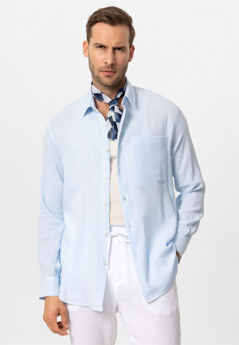 قميص رجالي بأكمام طويلة من نسيج موسلين