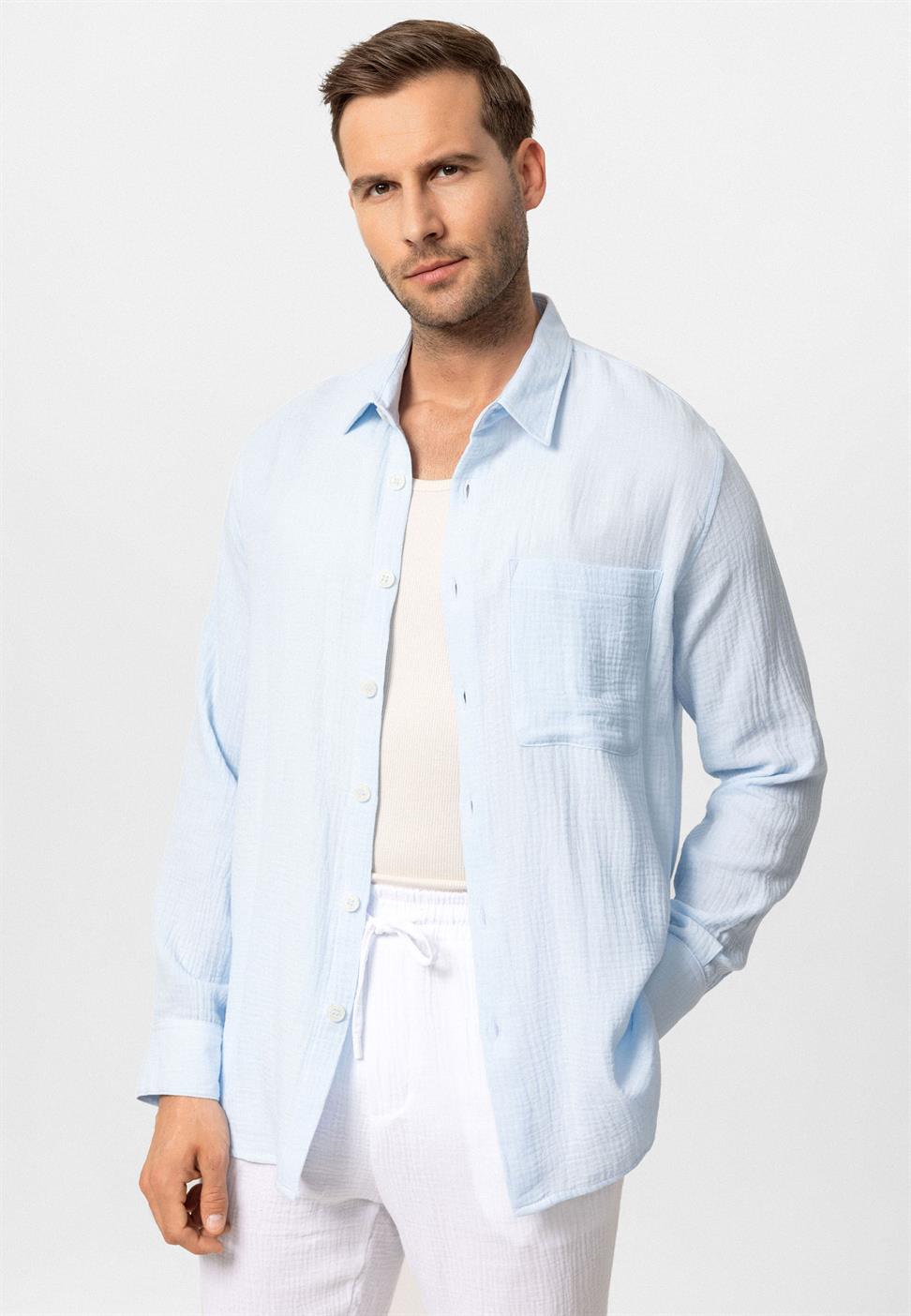 قميص رجالي بأكمام طويلة من نسيج موسلين
