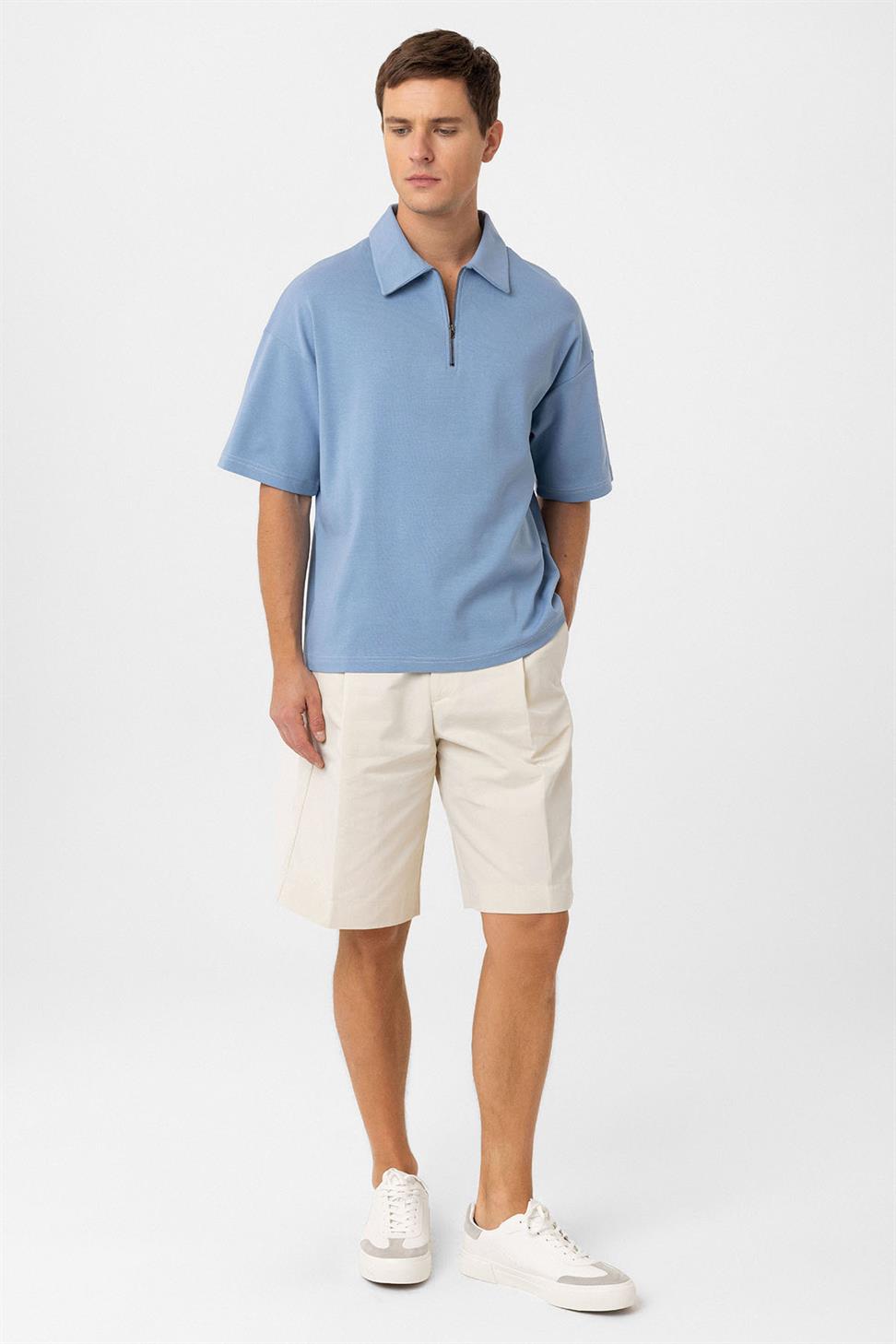 Antioch Bebe Mavi Oversize Polo Yaka Fermuarlı Erkek T-Shirt