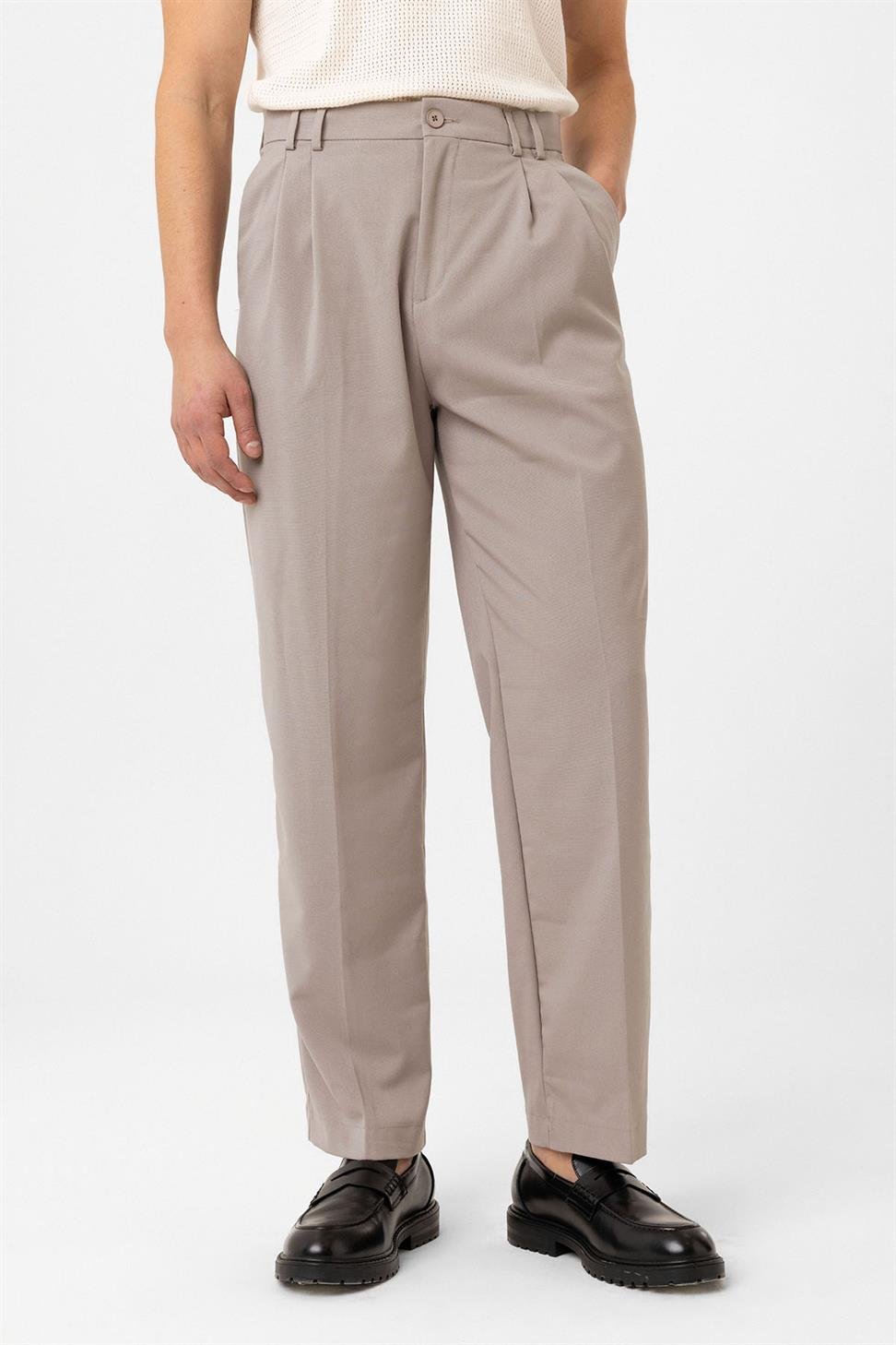 Antioch Bej Çift Pileli Baggy Fit Erkek Pantolon