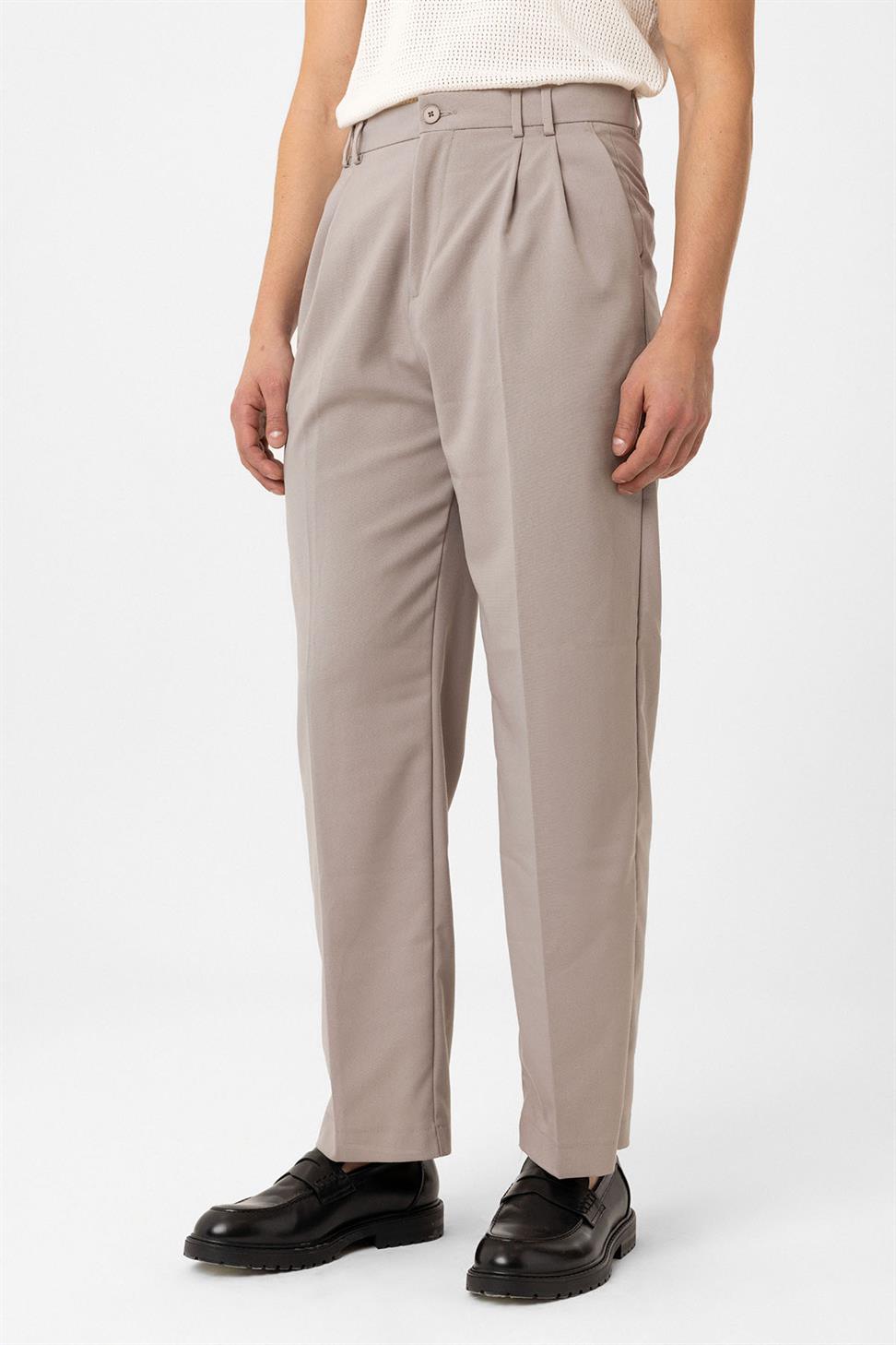 Antioch Bej Çift Pileli Baggy Fit Erkek Pantolon