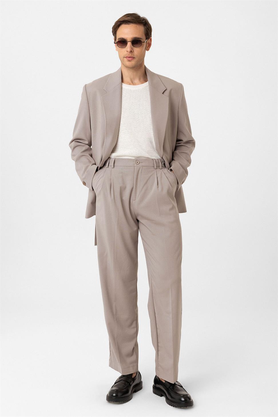 Antioch Bej Çift Pileli Baggy Fit Erkek Pantolon