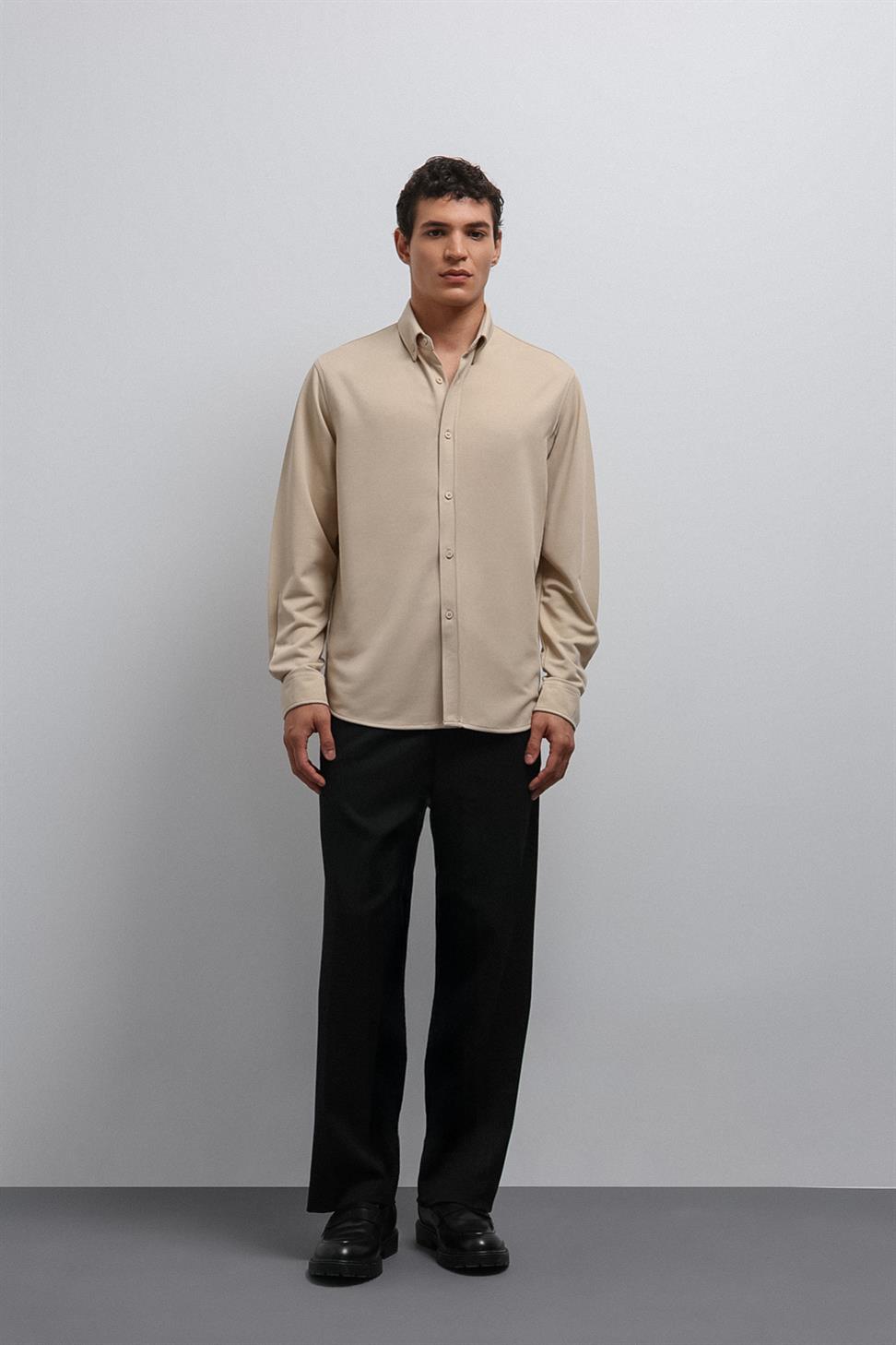 Antioch Bej Düğmeli Yaka Relax Fit Erkek Gömlek