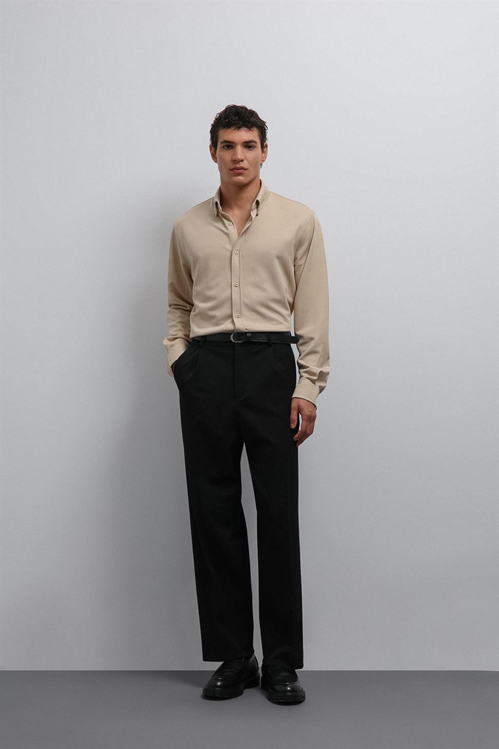 Antioch Bej Düğmeli Yaka Relax Fit Erkek Gömlek