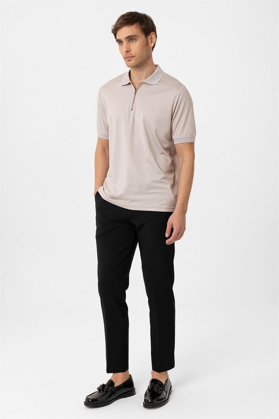 Antioch Bej Fermuarlı Regular Fit Erkek T-Shirt