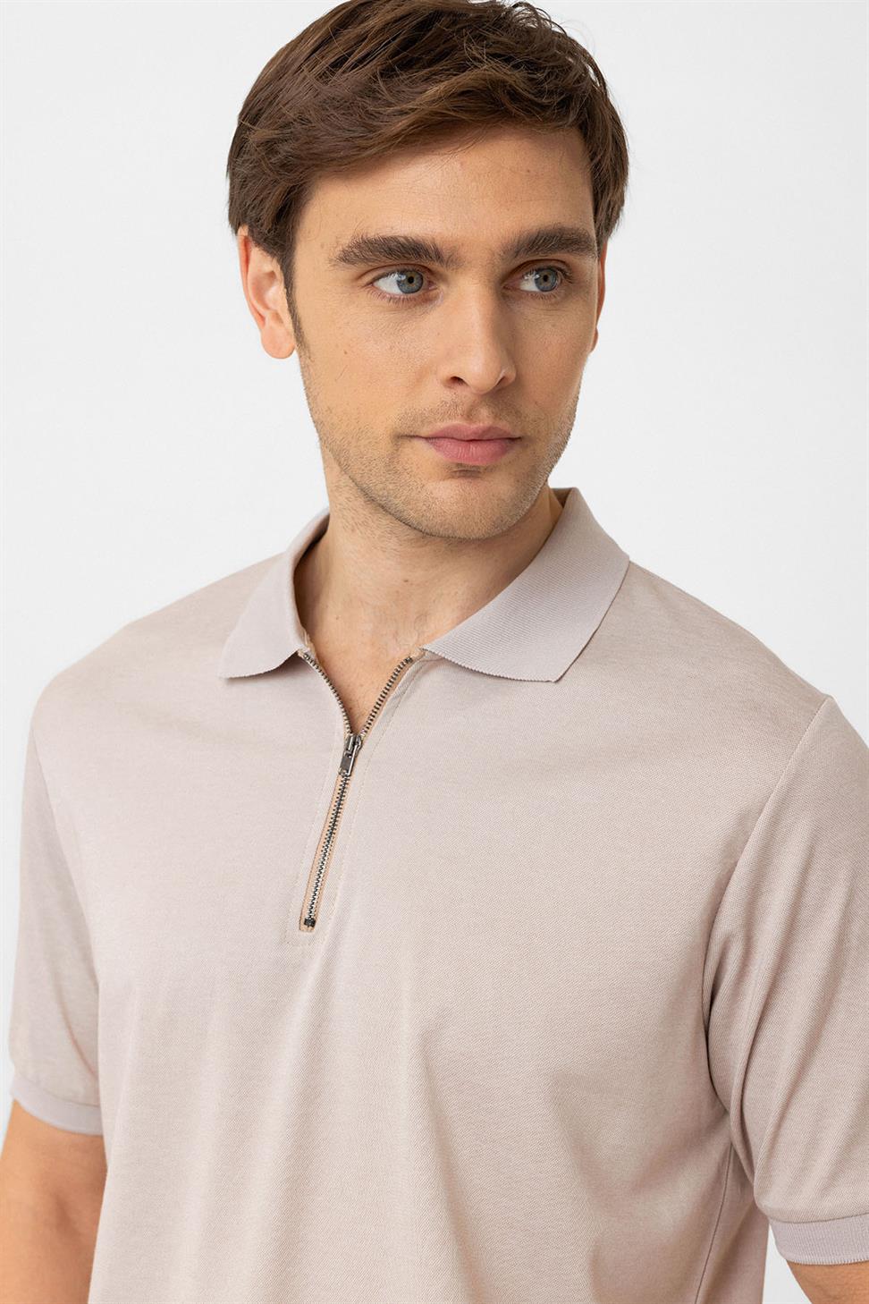 Antioch Bej Fermuarlı Regular Fit Erkek T-Shirt