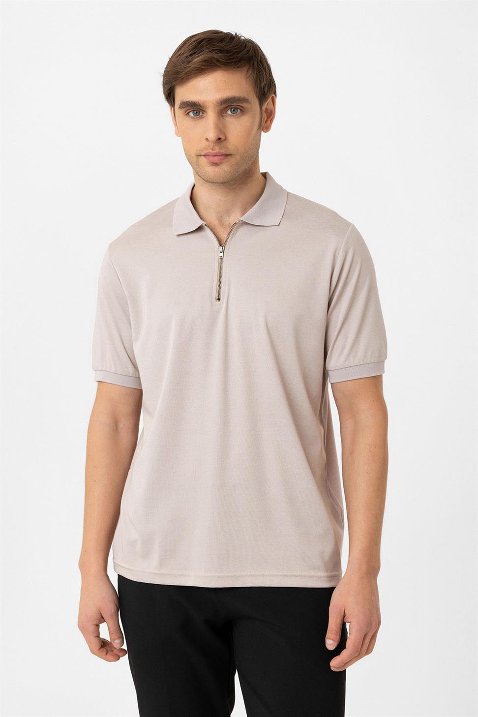 Antioch Bej Fermuarlı Regular Fit Erkek T-Shirt