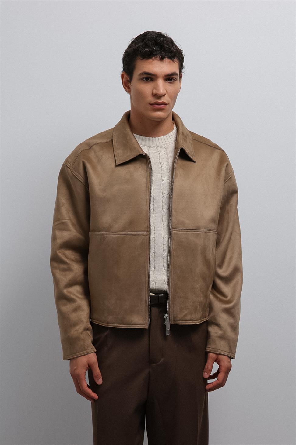 Antioch Bej Fermuarlı Suni Süet Erkek Mont