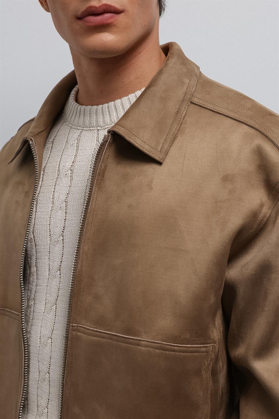 Antioch Bej Fermuarlı Suni Süet Erkek Mont