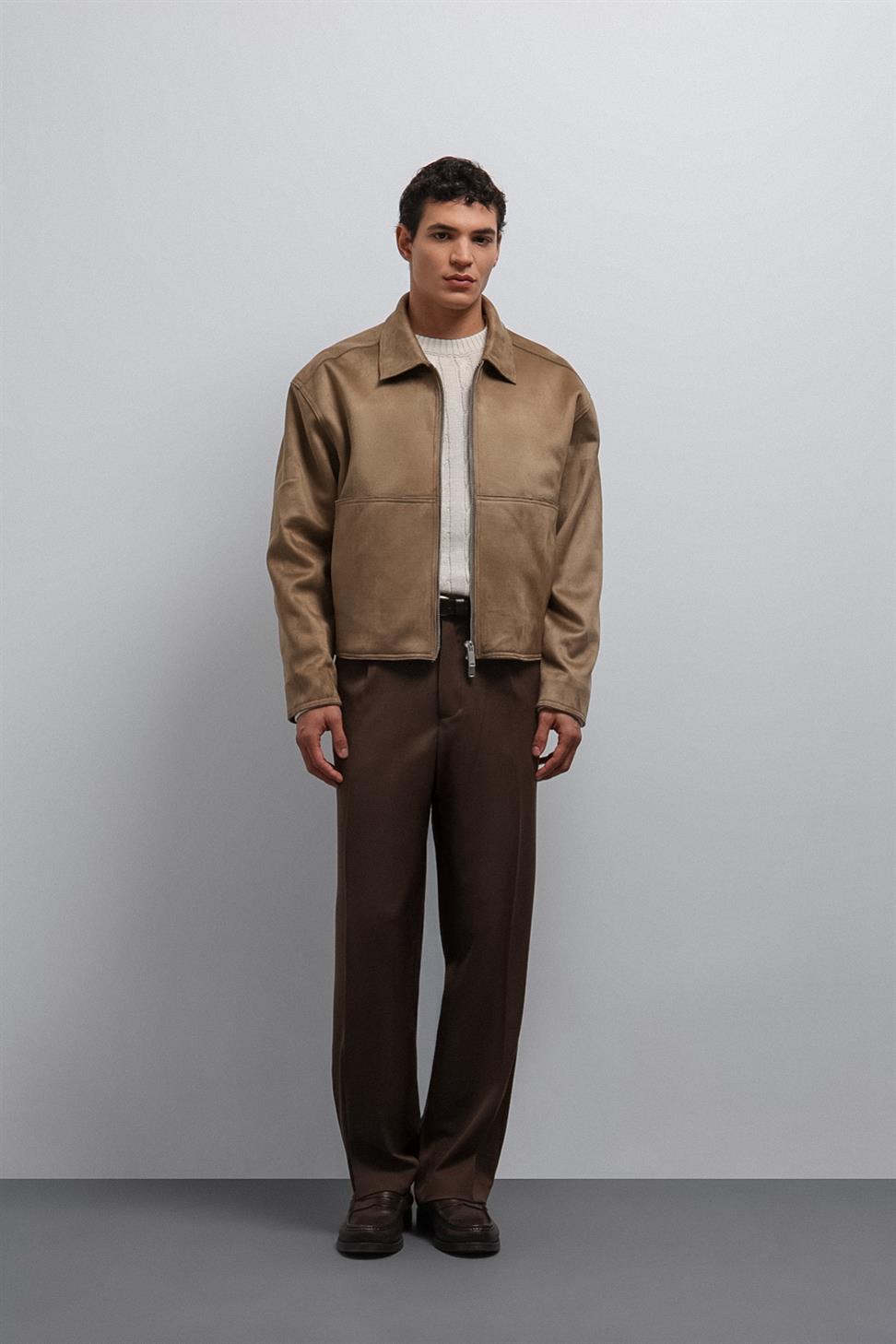 Antioch Bej Fermuarlı Suni Süet Erkek Mont