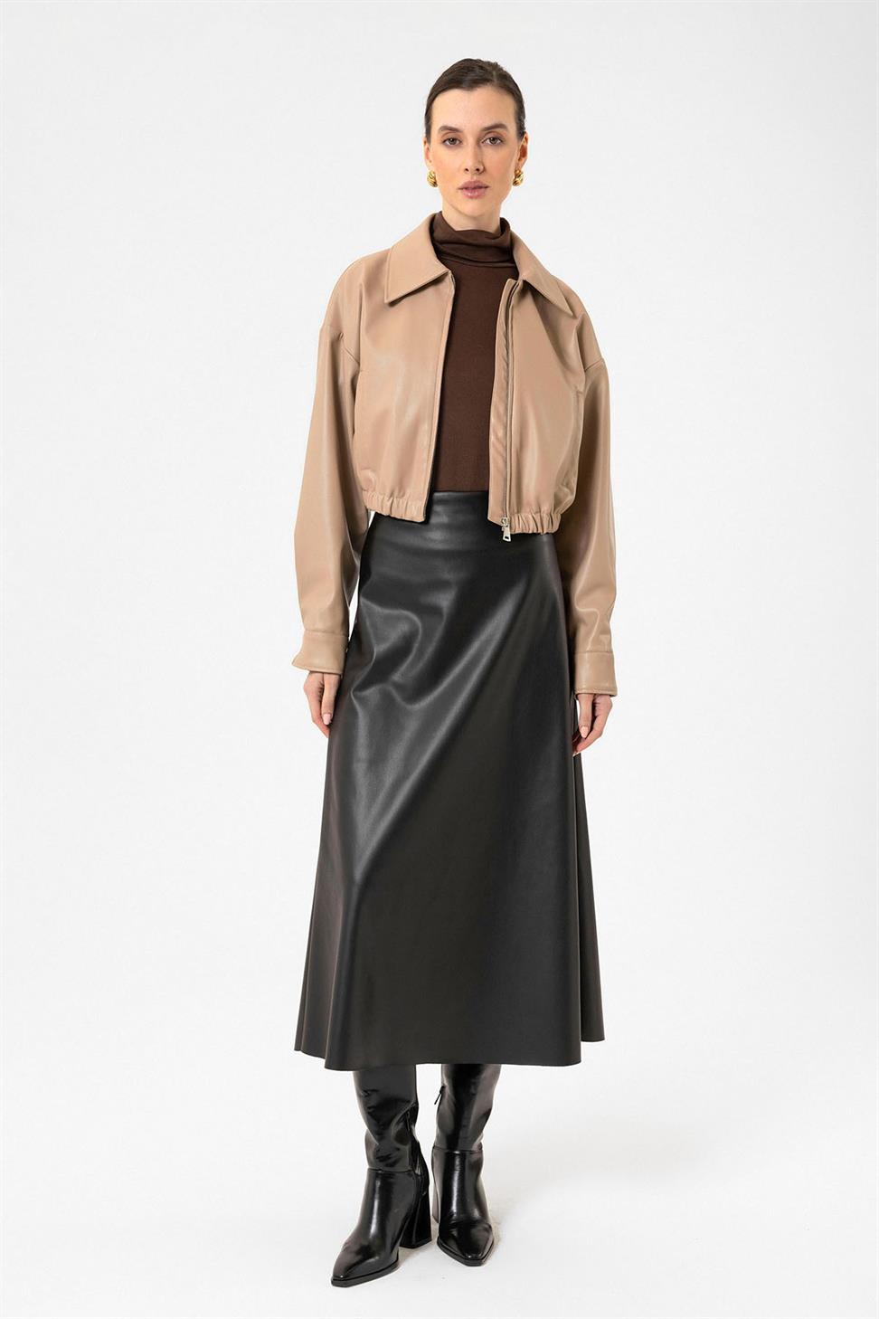 Antioch Bej Kadın Bel Lastikli Suni Deri Mont