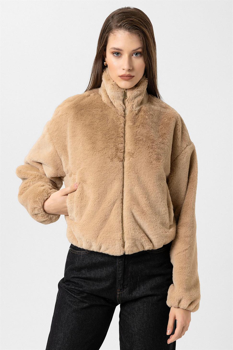 Antioch Bej Kadın Bel Lastikli Suni Kürk Mont