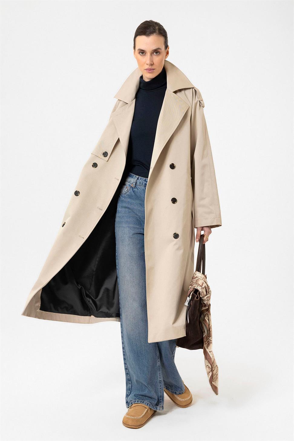 Antioch Bej Kadın Kemerli Uzun Trençkot