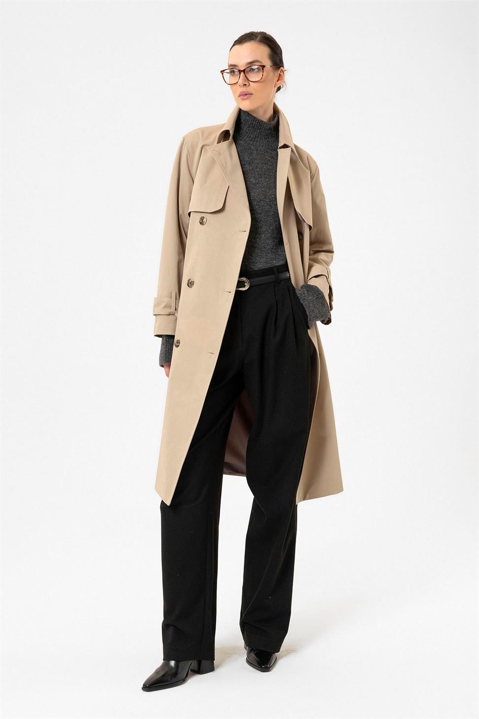 Antioch Bej Kadın Kruvaze Kapama Kemerli Trençkot