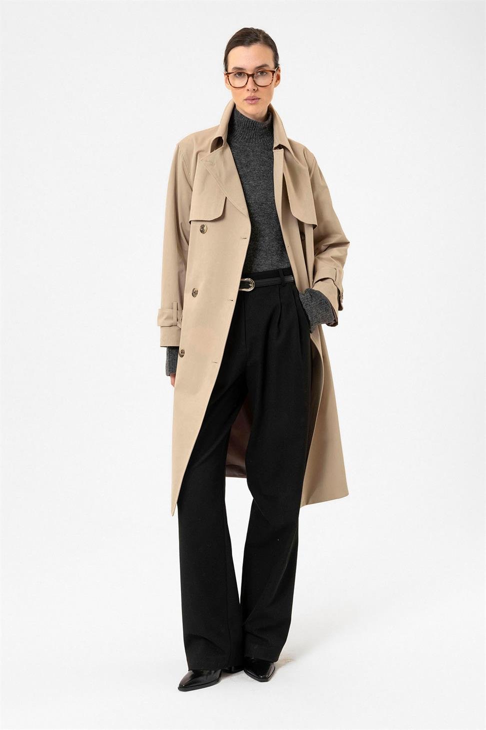 Antioch Bej Kadın Kruvaze Kapama Kemerli Trençkot