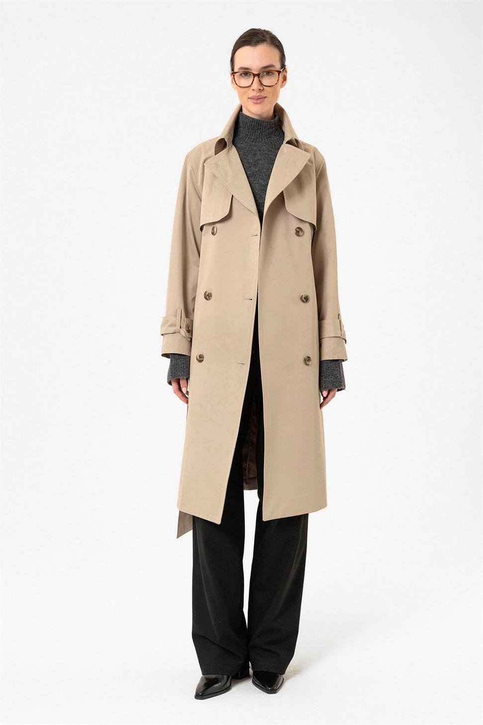 Antioch Bej Kadın Kruvaze Kapama Kemerli Trençkot
