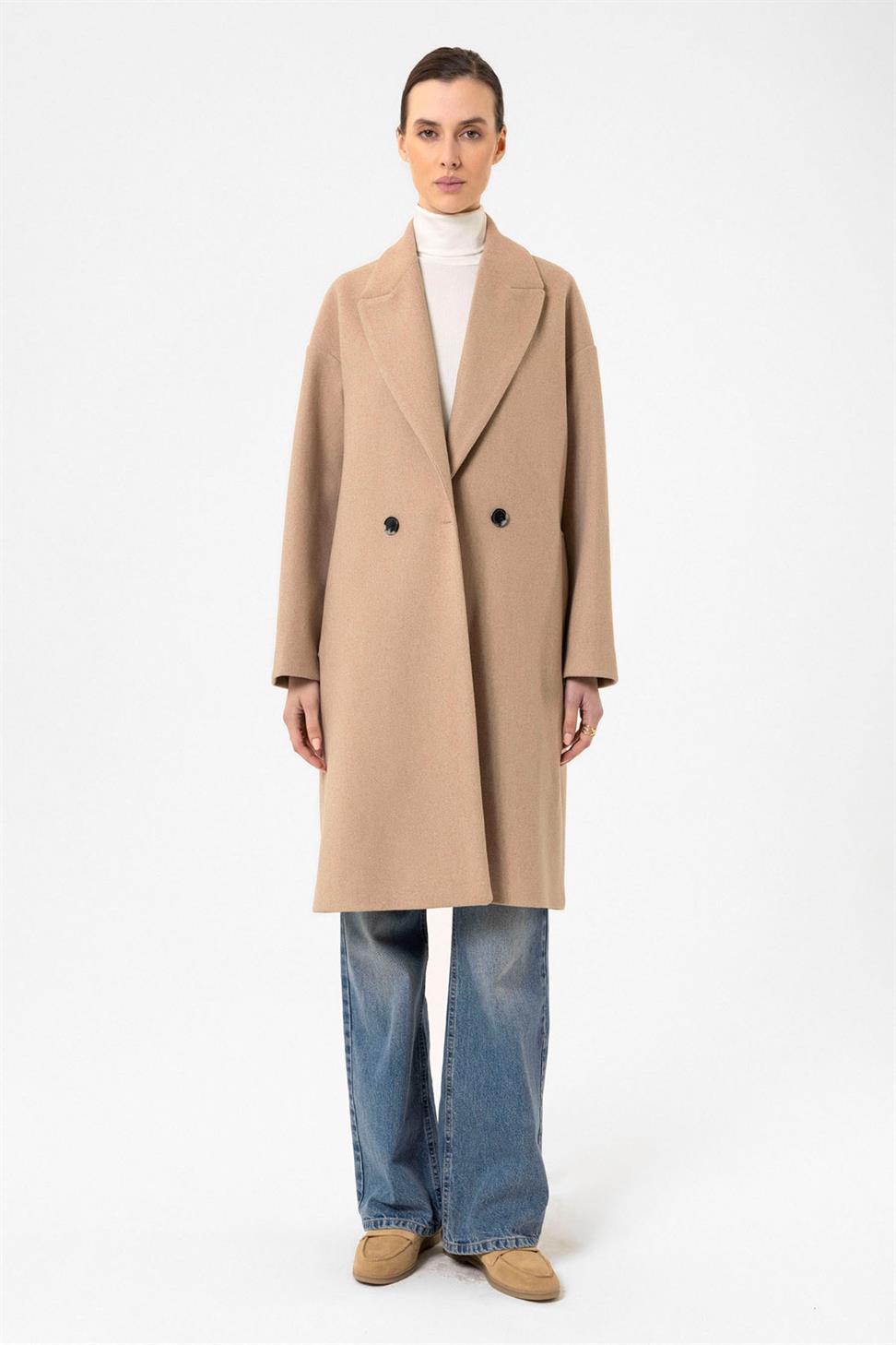 Antioch Bej Kadın Kruvaze Kapama Oversize Kaban