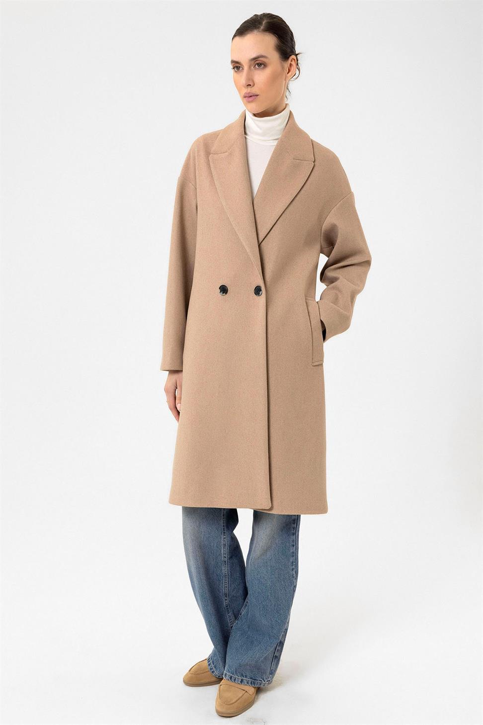 Antioch Bej Kadın Kruvaze Kapama Oversize Kaban