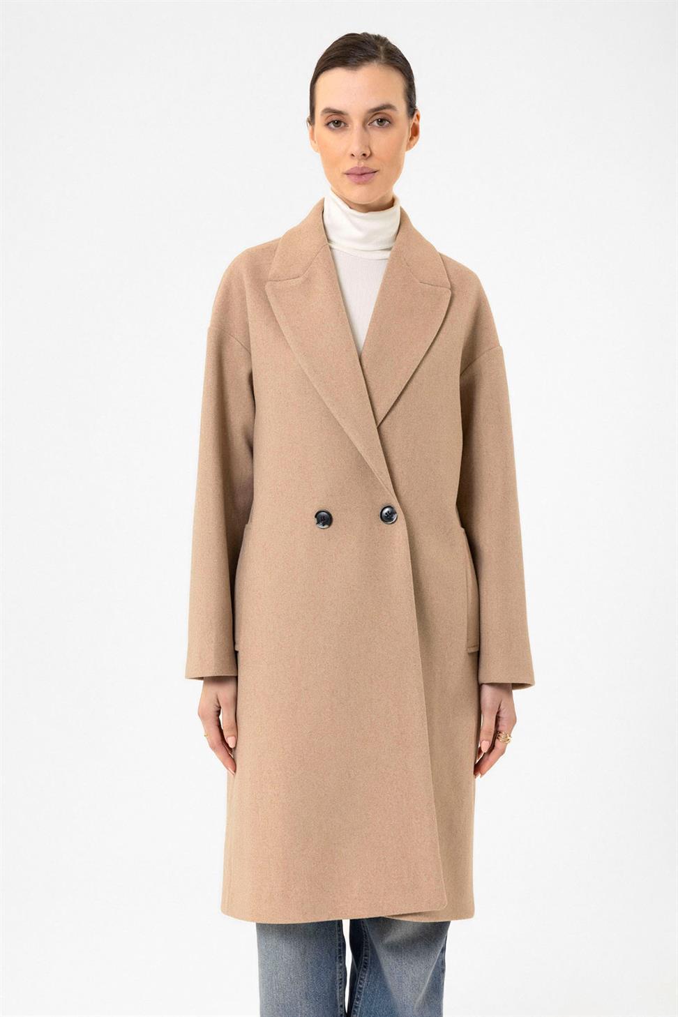 Antioch Bej Kadın Kruvaze Kapama Oversize Kaban