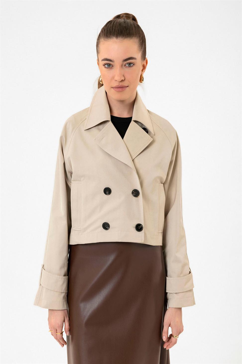 Antioch Bej Kadın Kruvaze Kısa Trençkot