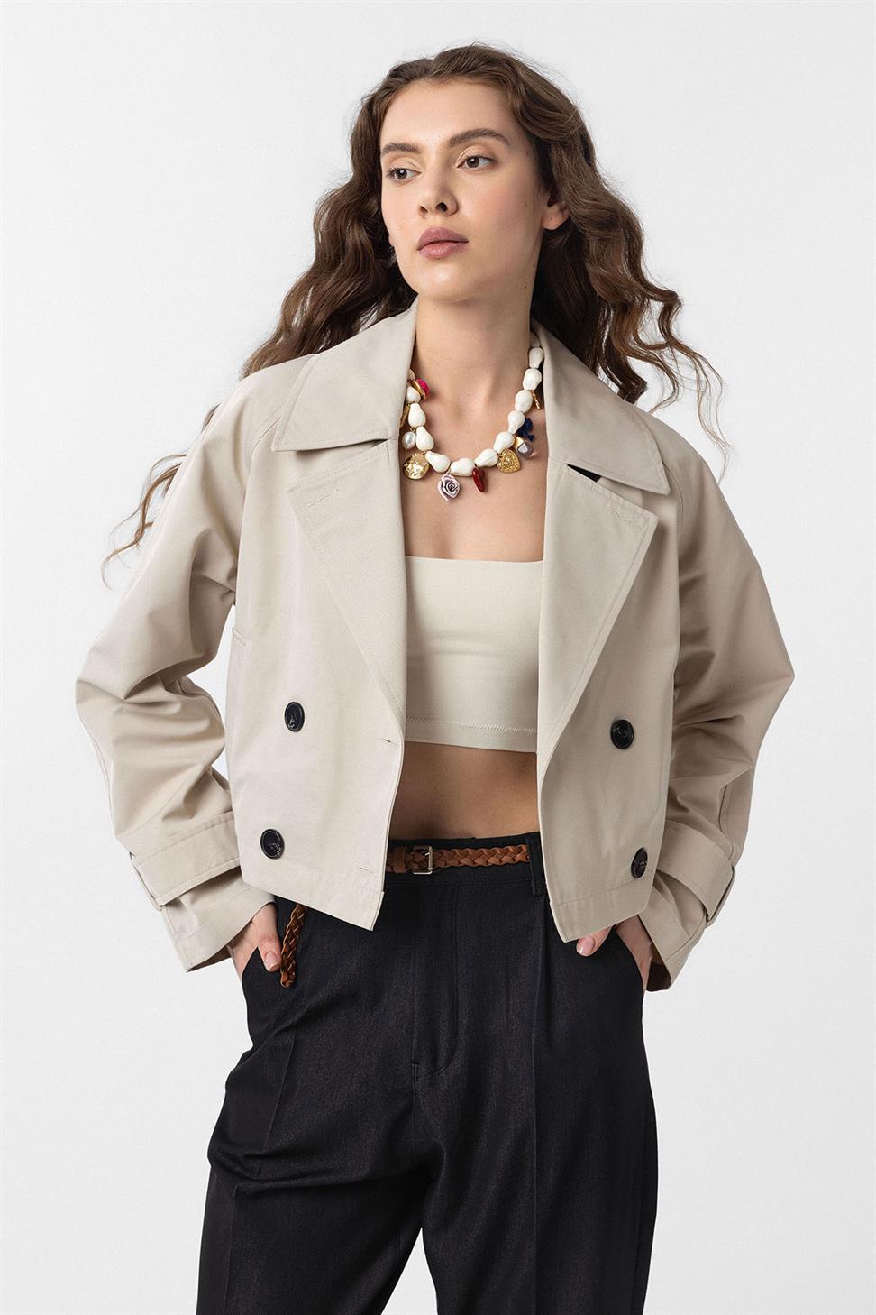 Antioch Bej Kadın Kruvaze Kısa Trençkot