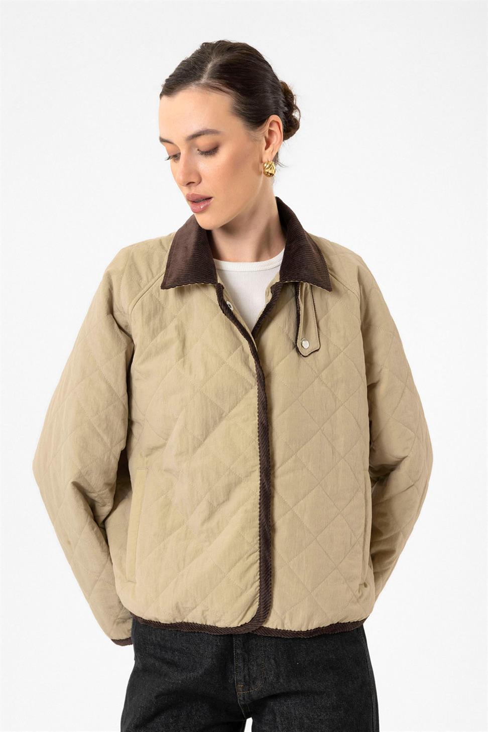 Antioch Bej Kadın Polo Yaka Kapitone Mont