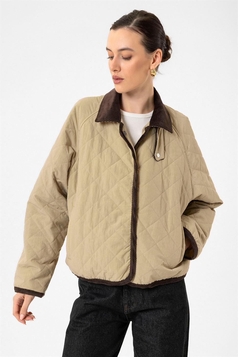 Antioch Bej Kadın Polo Yaka Kapitone Mont