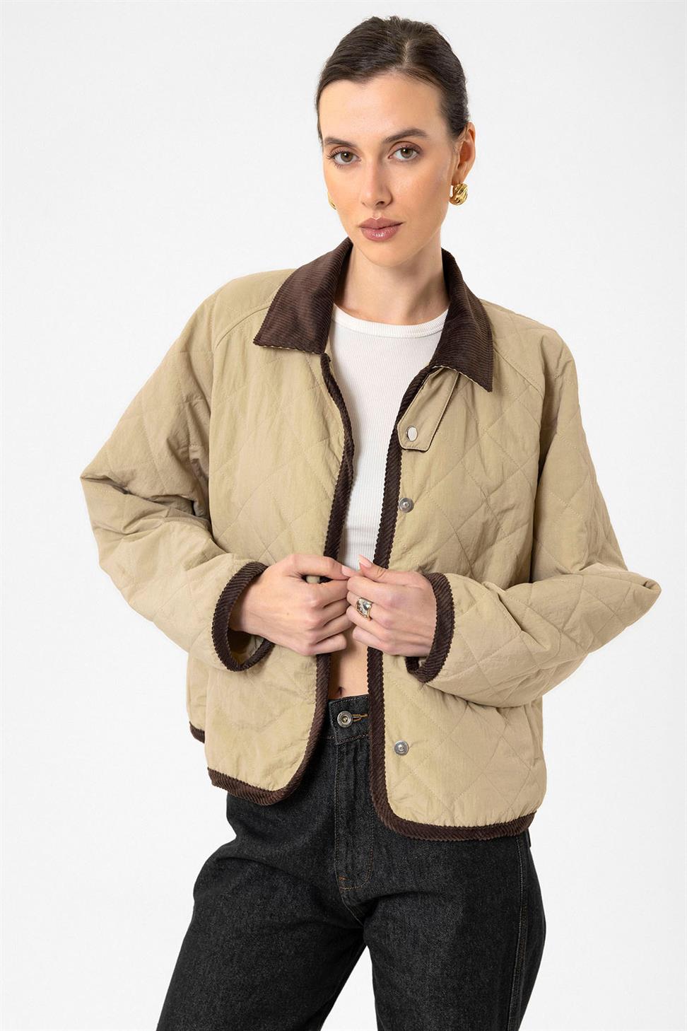 Antioch Bej Kadın Polo Yaka Kapitone Mont