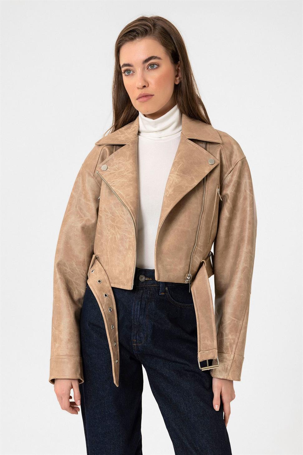 Antioch Bej Kadın Suni Deri Crop Biker Ceket