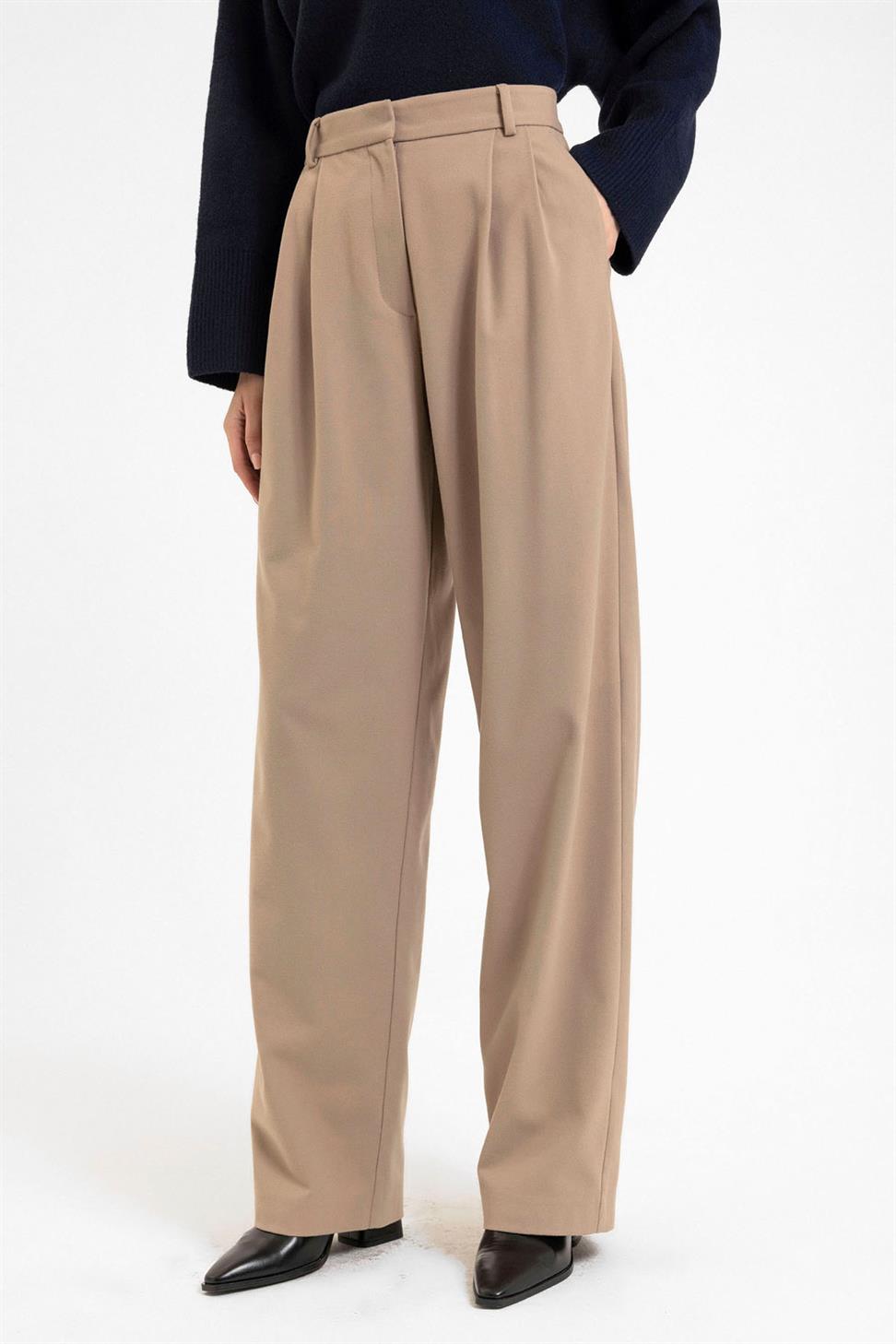 Antioch Bej Kadın Yüksek Bel Pens Detaylı Straight Fit Pantolon